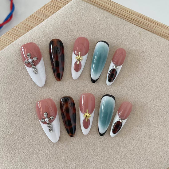 Mixed French and Bold Press-On Nails | Hand-Painted Abstract Almond Set