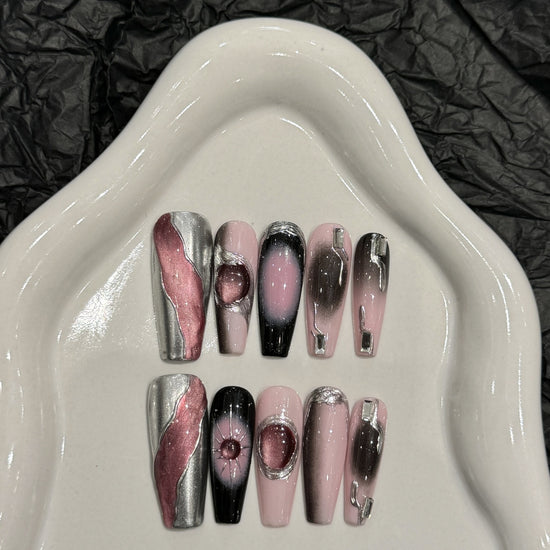 Pink & Grey Coffin Press-On Nails | Y2K Hot Girl Long Coffin Set