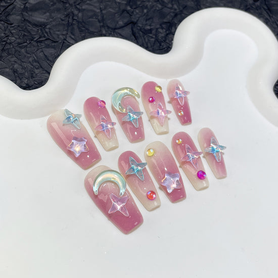 Starry Sky Coffin Press-On Nails | Pink Blush Coffin Set
