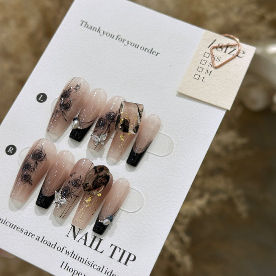 Black French Tip Press-On Nails | Black Roses & Crystal Accents