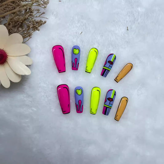 Pop Drip Neon Press-On Nails | Comic Art Drip Coffin Set
