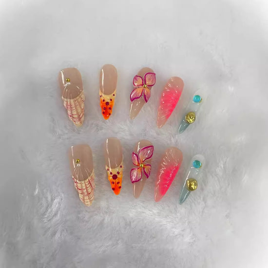 Beach Shell & Floral Press-On Nails | 3D Hand-Painted Long Tip Set
