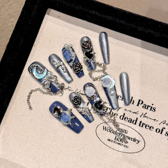 French Tip Press-On Nails | Rose Decor Coffin Design