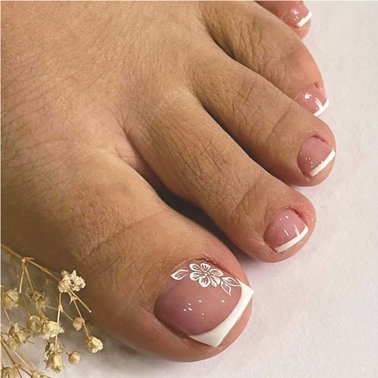 Floral French Tip Press-On Toe Nails | Pedicure Nail Set (24pcs)