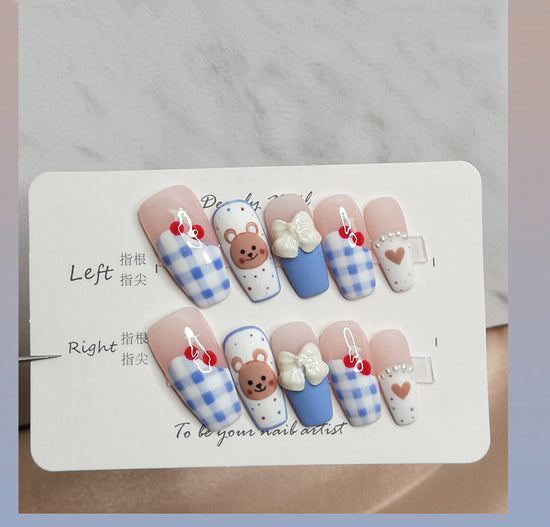 Hand-Painted Checkered Cherry Bear Press-On Nails