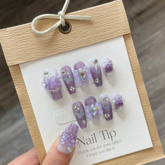 Purple Iris Butterfly Press-On Nails | Handmade Coffin Set