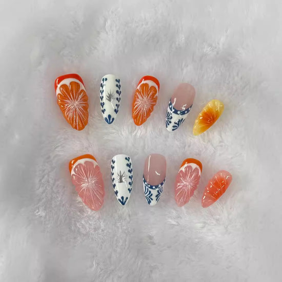 Grapefruit & Blue Porcelain Almond Press-On Nails | 3D Hand-Painted Set