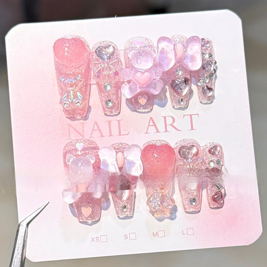Teddy Bear & Bow Press-On Nails | Sweet Coquette Mid-Length Coffin Set