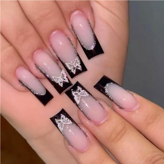 Black French Tip Press-On Nails | Butterfly Nail Art Set (24pcs)
