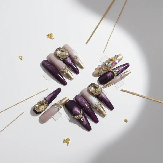 Purple Cat Eye Press-On Nails | Rhinestone French Luxury Long Set